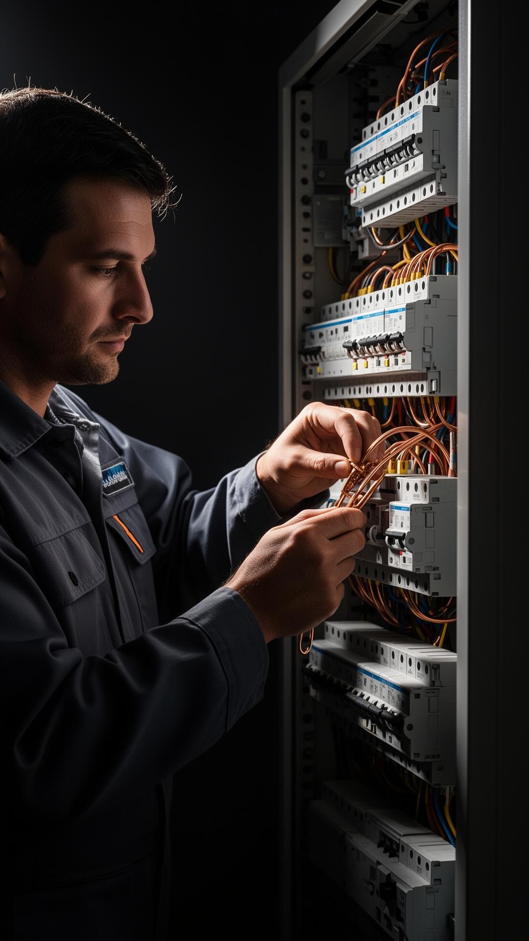 Licensed Sam Adam's electrician working on an electrical panel